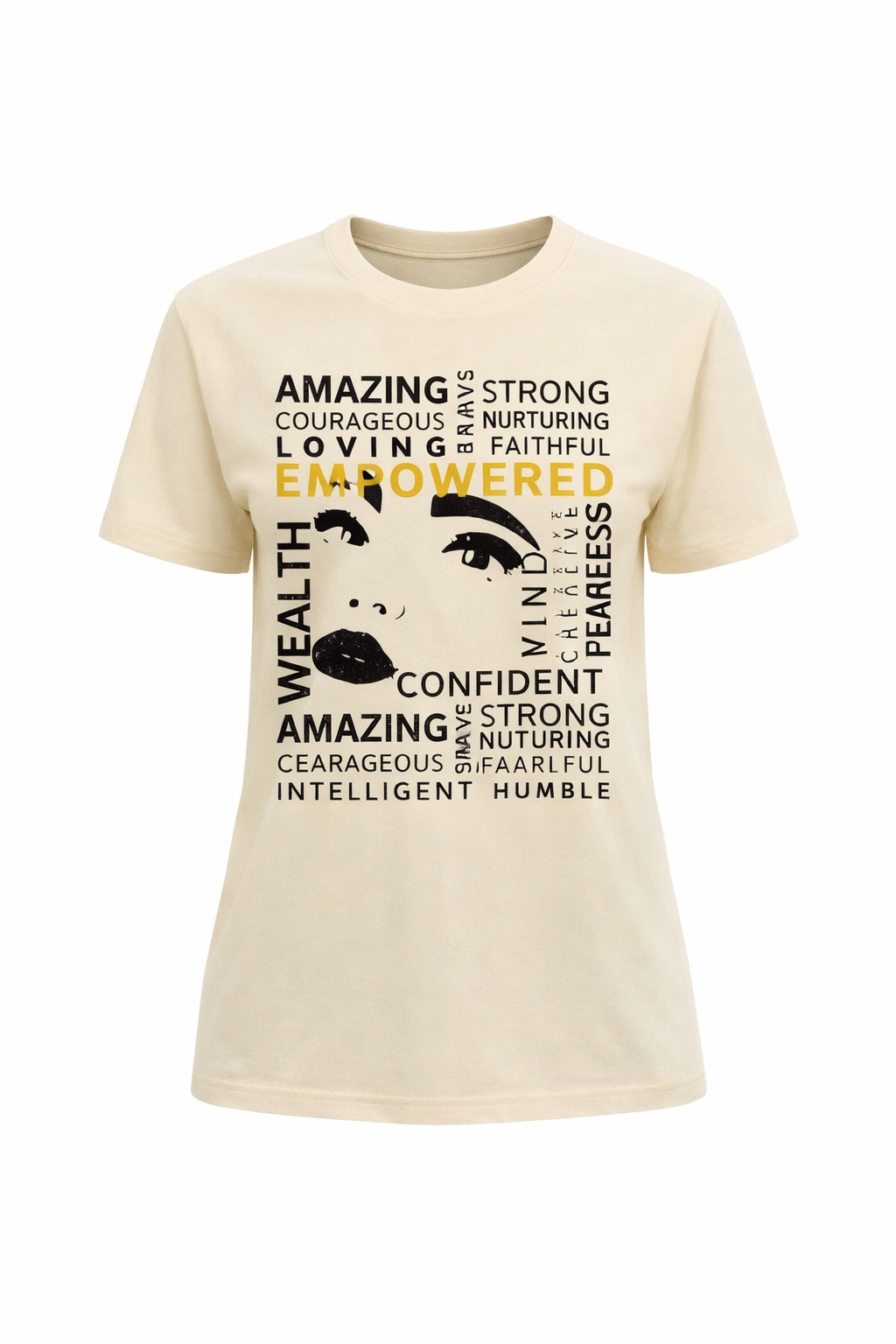 A woman wearing a beige empowered t-shirt with affirmation text and a brand logo on the back.