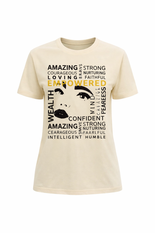 A woman wearing a beige empowered t-shirt with affirmation text and a brand logo on the back.